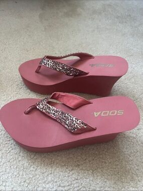 Soda Pink Sequin Wedge Sandals